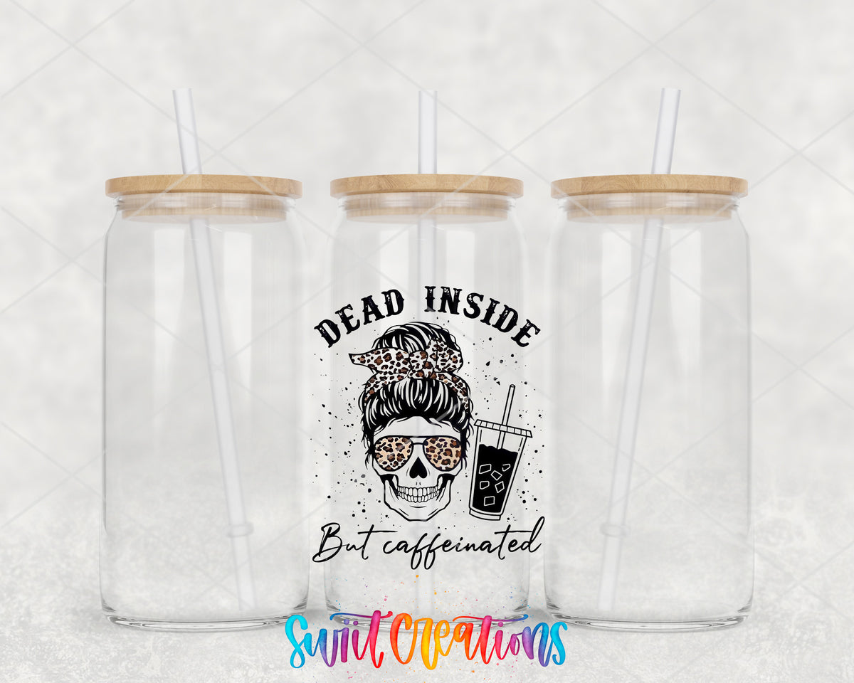 Dead Inside But Caffeinated clear glass tumbler group mockup with bamboo lids and straws