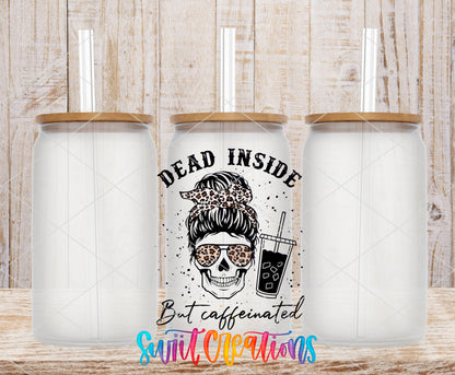 Dead Inside But Caffeinated frosted glass tumbler mockup with bamboo lids and straws