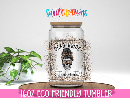 Dead Inside But Caffeinated Leopard design on a 16 oz clear glass tumbler with bamboo lid