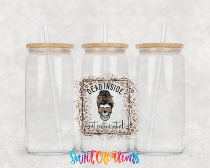 Dead Inside But Caffeinated Leopard clear glass tumbler group mockup with bamboo lids and straws