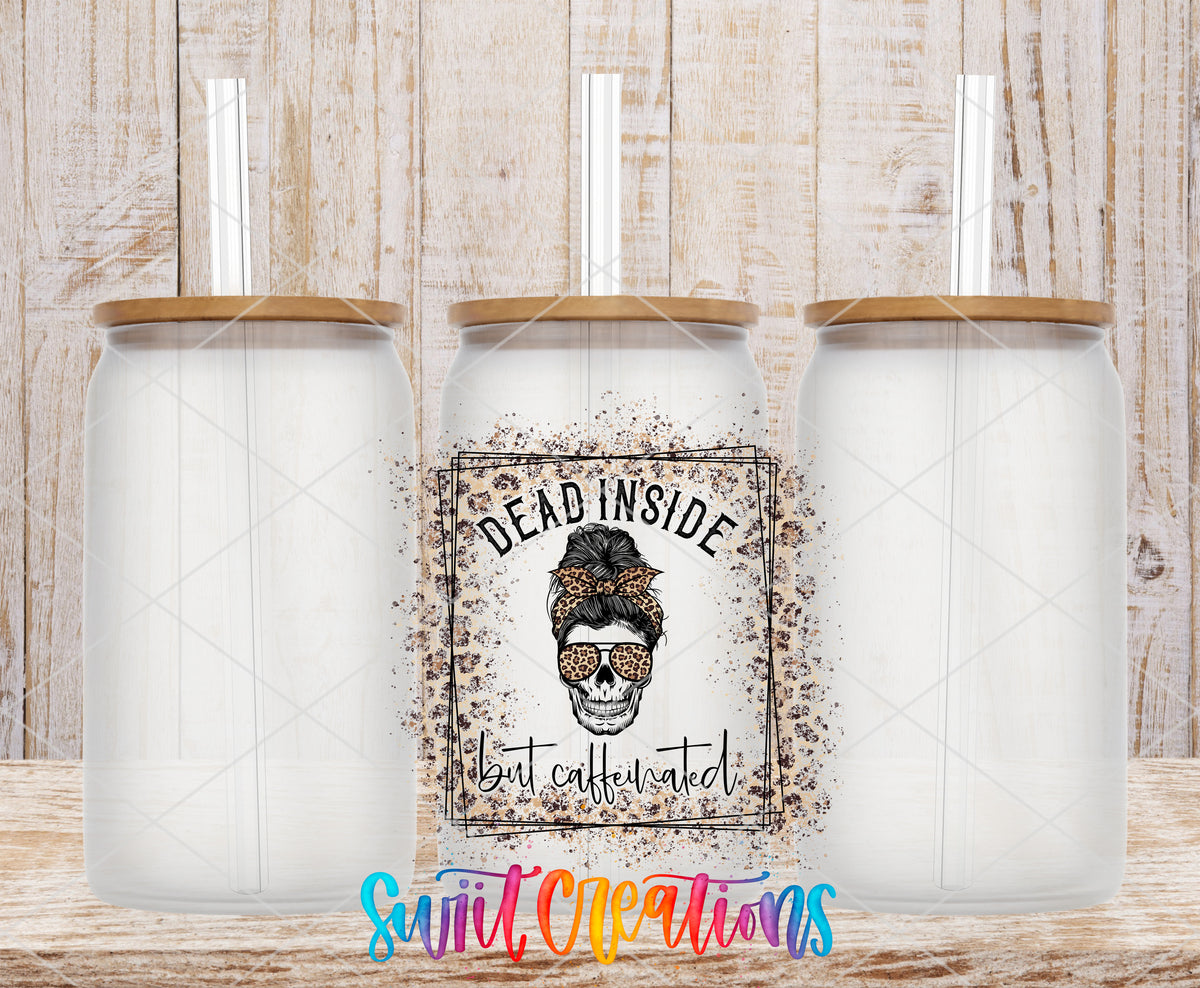 Dead Inside But Caffeinated Leopard frosted glass tumbler mockup with bamboo lids and straws