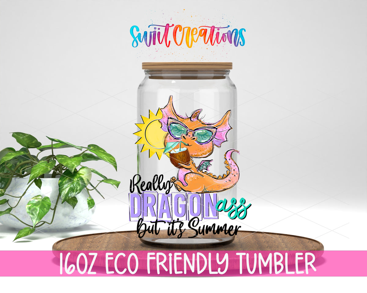 Really Dragon Ass Summer design on a 16 oz clear glass tumbler with bamboo lid
