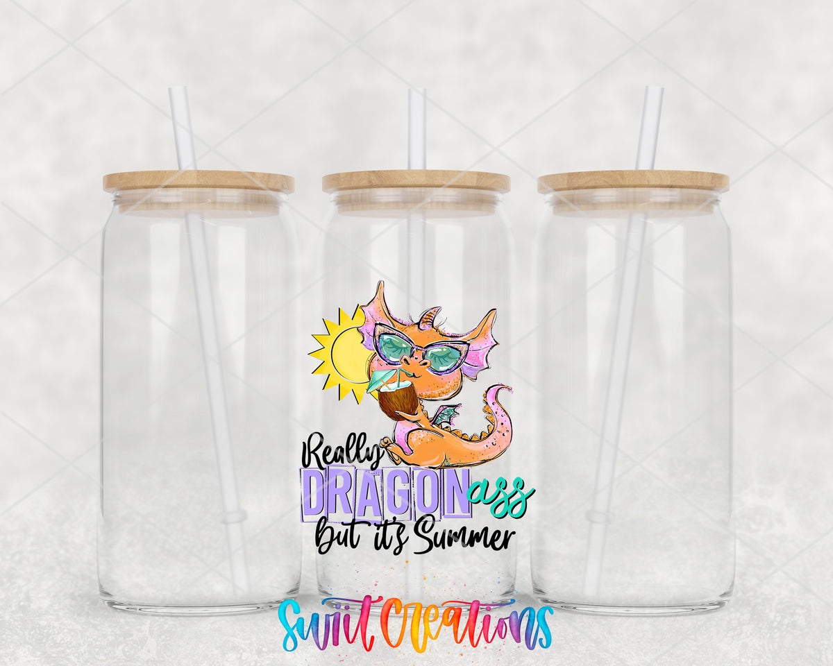 Really Dragon Ass Summer clear glass tumbler group mockup with bamboo lids and straws