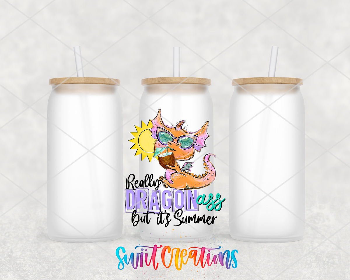 Really Dragon Ass Summer frosted glass tumbler group view with lids and straws