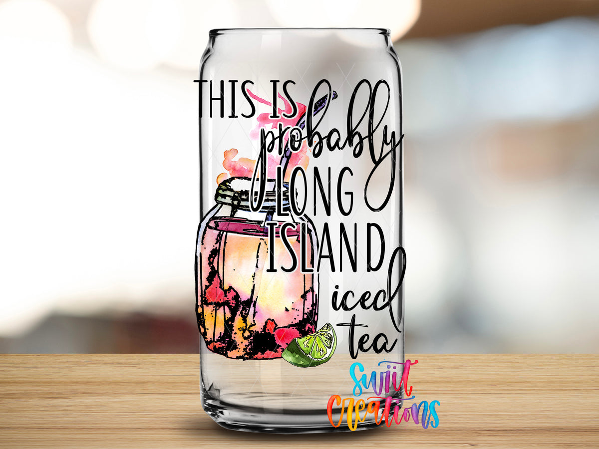 Probably Long Island Iced Tea design close-up on a clear glass can tumbler