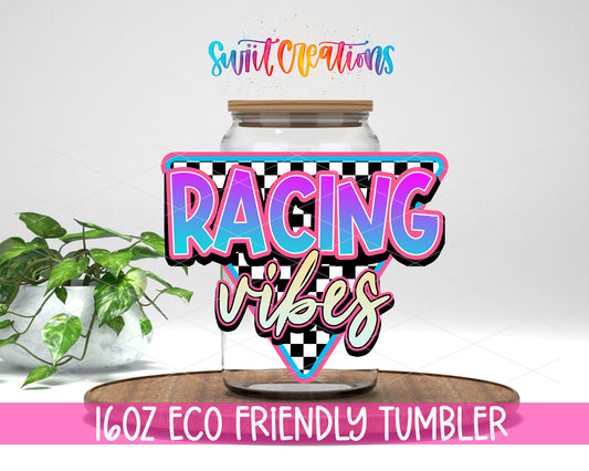Racing Vibes design on a 16 oz clear glass tumbler with bamboo lid