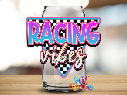 Racing Vibes design close-up on a clear glass can tumbler