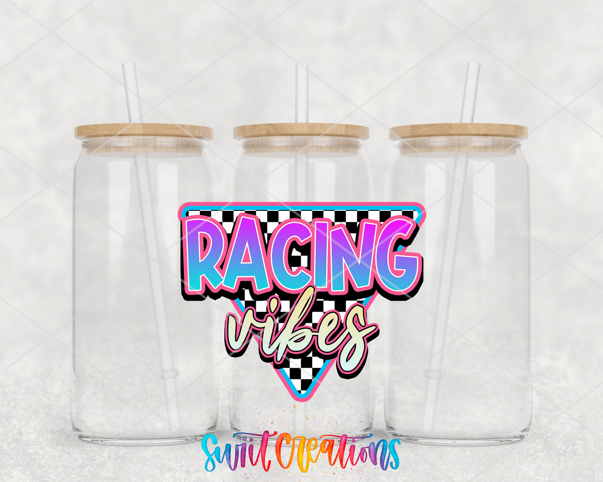 Racing Vibes clear glass tumbler group mockup with bamboo lids and straws