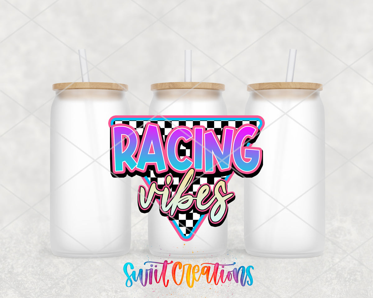 Racing Vibes frosted glass tumbler group view with lids and straws