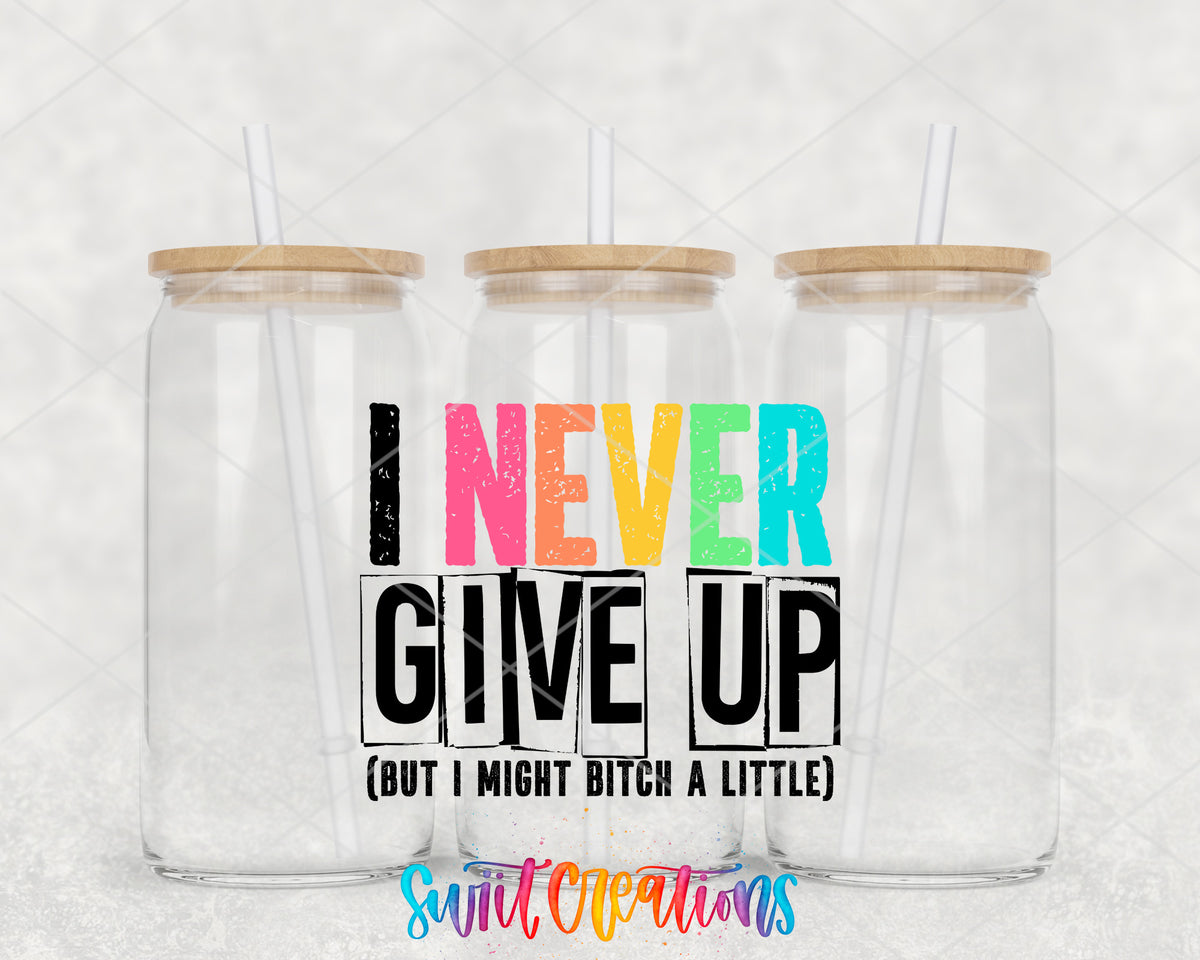 I Never Give Up clear glass tumbler group mockup with bamboo lids and straws