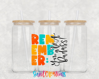 Remember You Are a Badass clear glass tumbler group mockup with bamboo lids and straws