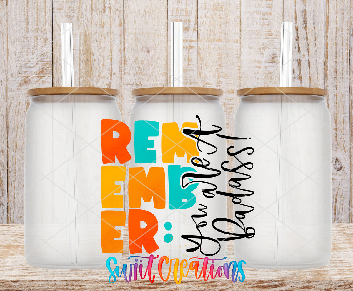 Remember You Are a Badass frosted glass tumbler mockup with bamboo lids and straws
