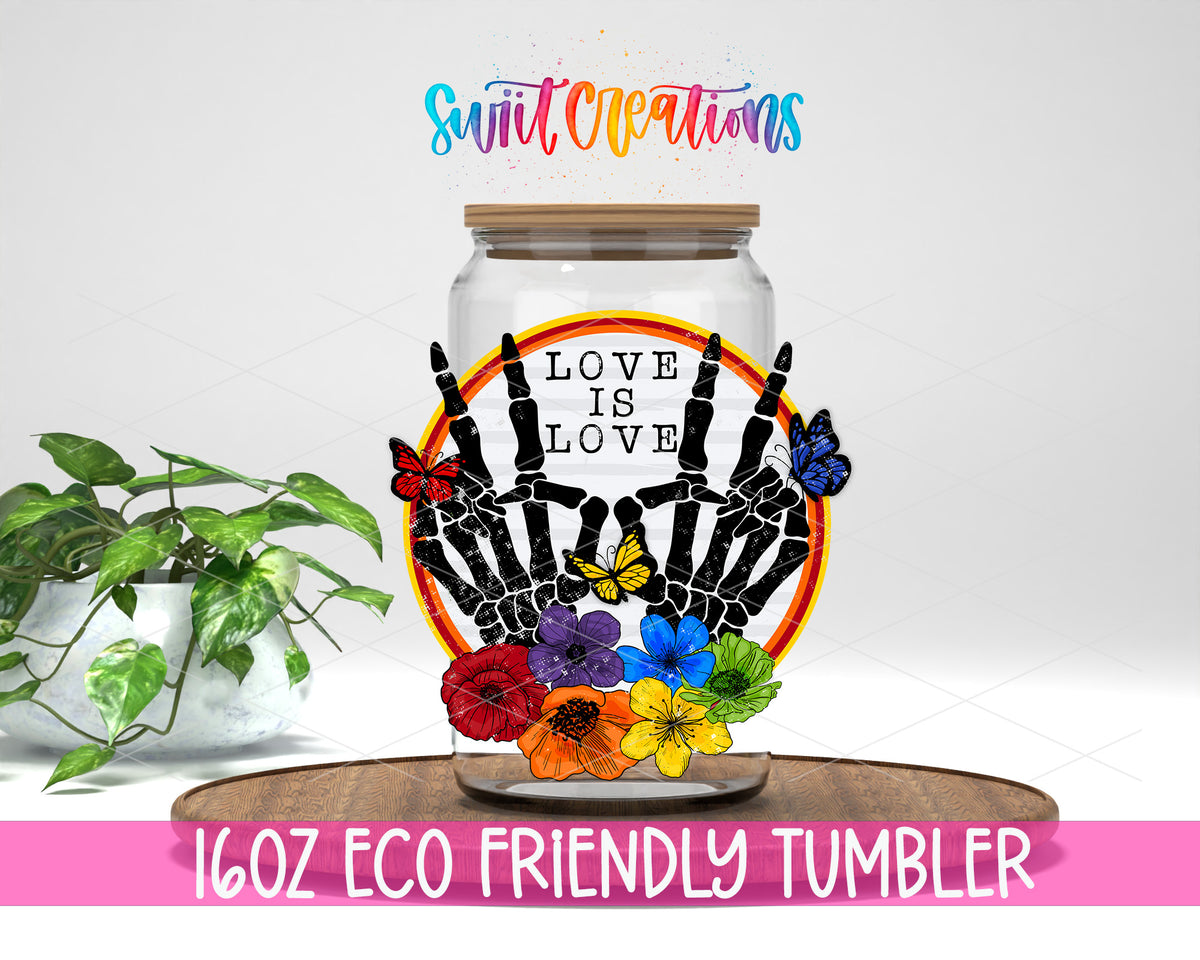 Love Is Love design on a 16 oz clear glass tumbler with bamboo lid