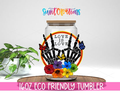 Love Is Love design on a 16 oz clear glass tumbler with bamboo lid