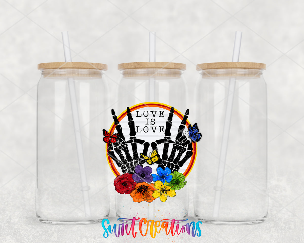 Love Is Love clear glass tumbler group mockup with bamboo lids and straws