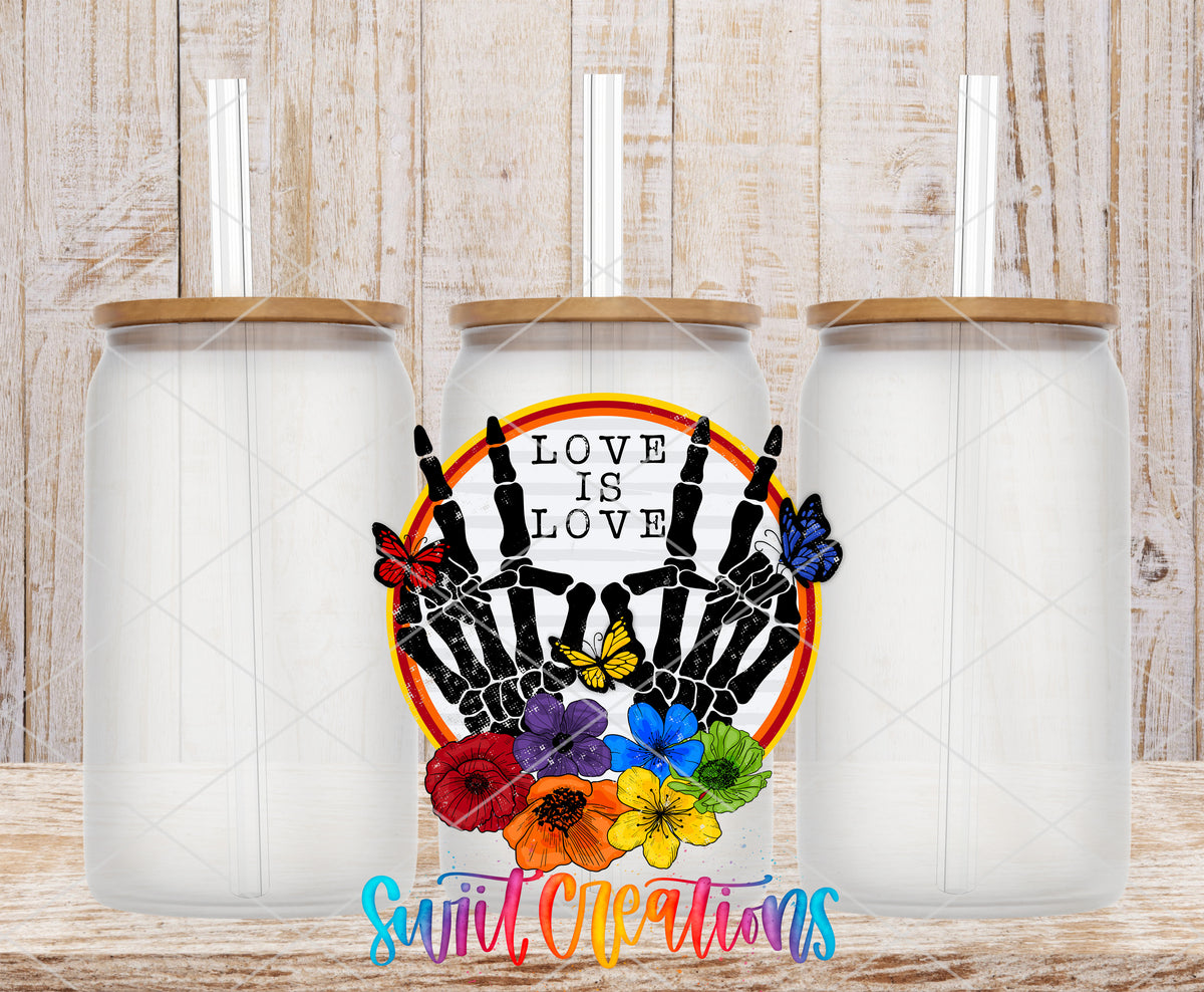 Love Is Love frosted glass tumbler mockup with bamboo lids and straws