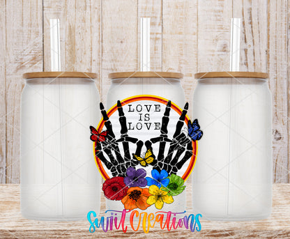 Love Is Love frosted glass tumbler mockup with bamboo lids and straws