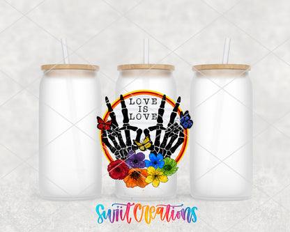 Love Is Love frosted glass tumbler group view with lids and straws