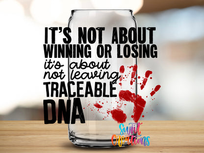 Traceable DNA design close-up on a clear glass can tumbler