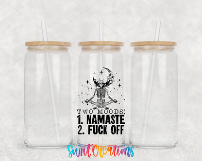 Two Moods Namaste clear glass tumbler group mockup with bamboo lids and straws