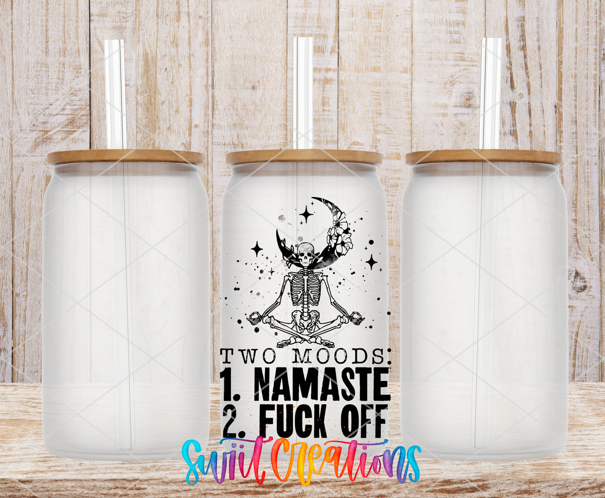 Two Moods Namaste frosted glass tumbler mockup with bamboo lids and straws