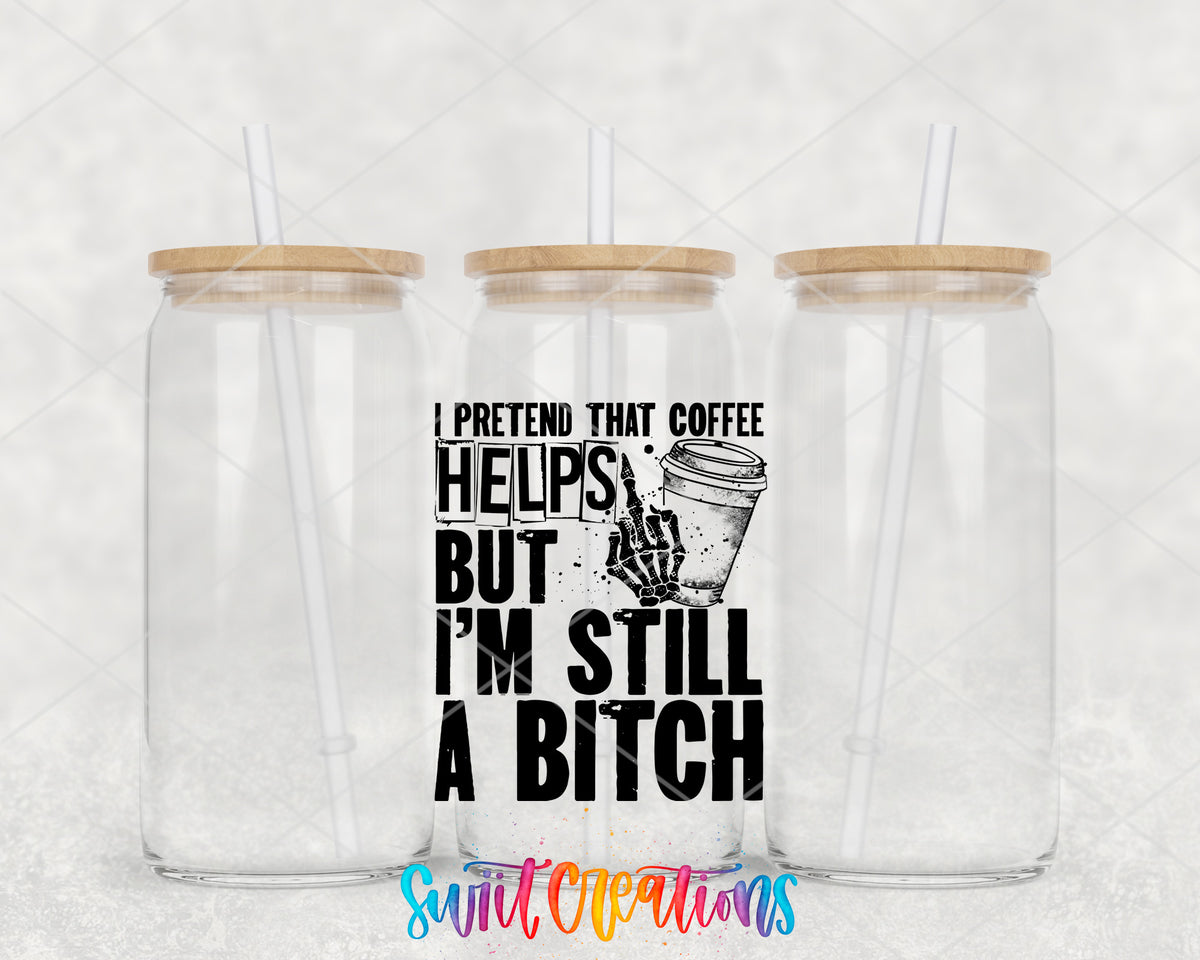 I Pretend That Coffee Helps clear glass tumbler group mockup with bamboo lids and straws