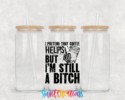 I Pretend That Coffee Helps clear glass tumbler group mockup with bamboo lids and straws