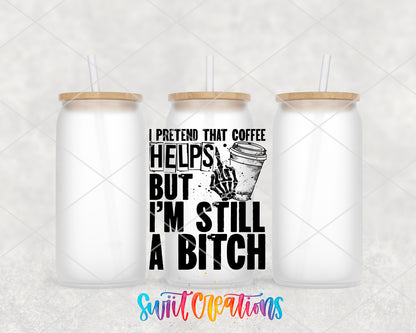 I Pretend That Coffee Helps frosted glass tumbler group view with lids and straws