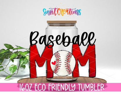 Baseball Mom design on a 16 oz clear glass tumbler with bamboo lid