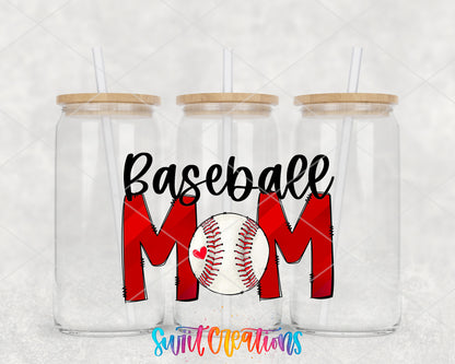 Baseball Mom clear glass tumbler group mockup with bamboo lids and straws