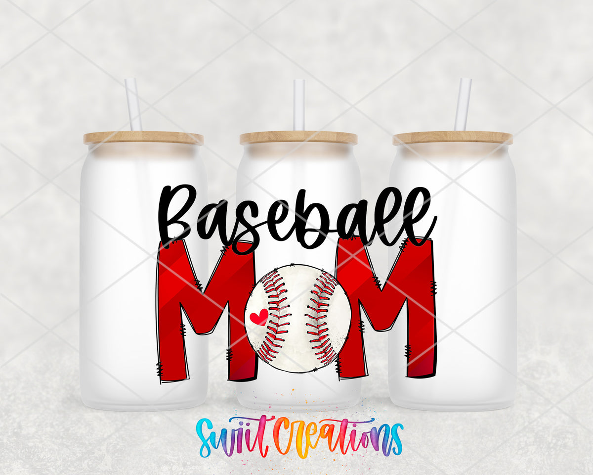 Baseball Mom frosted glass tumbler group view with lids and straws