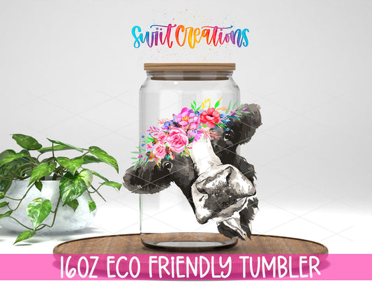 Floral Cow design on a 16 oz clear glass tumbler with bamboo lid