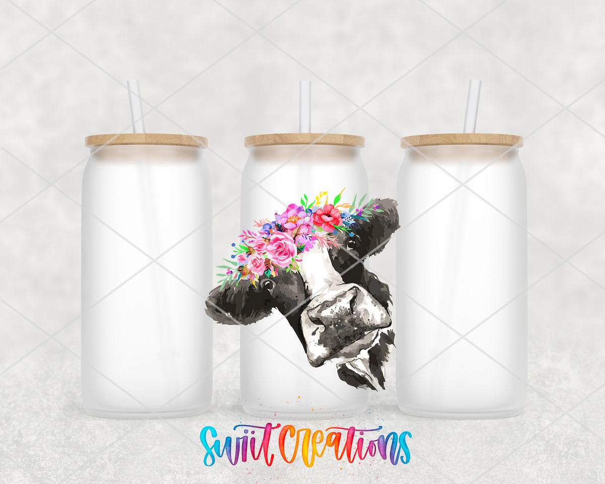 Floral Cow frosted glass tumbler group view with lids and straws