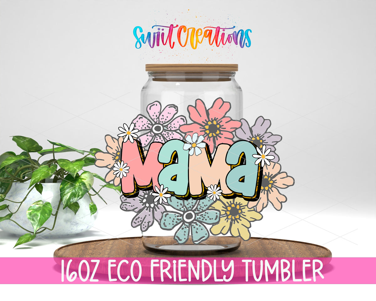 Pastel Floral Mama design on a 16 oz clear glass tumbler with bamboo lid