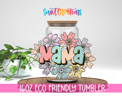 Pastel Floral Mama design on a 16 oz clear glass tumbler with bamboo lid