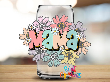 Pastel Floral Mama design close-up on a clear glass can tumbler
