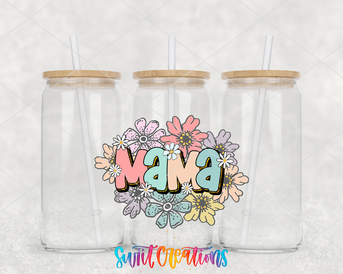 Pastel Floral Mama clear glass tumbler group mockup with bamboo lids and straws