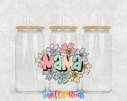Pastel Floral Mama clear glass tumbler group mockup with bamboo lids and straws