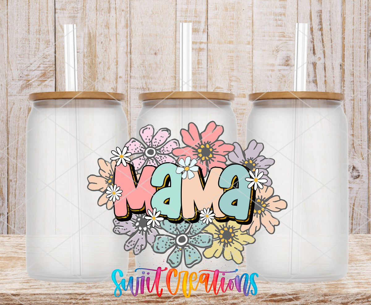 Pastel Floral Mama frosted glass tumbler mockup with bamboo lids and straws