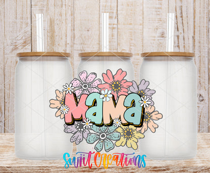 Pastel Floral Mama frosted glass tumbler mockup with bamboo lids and straws