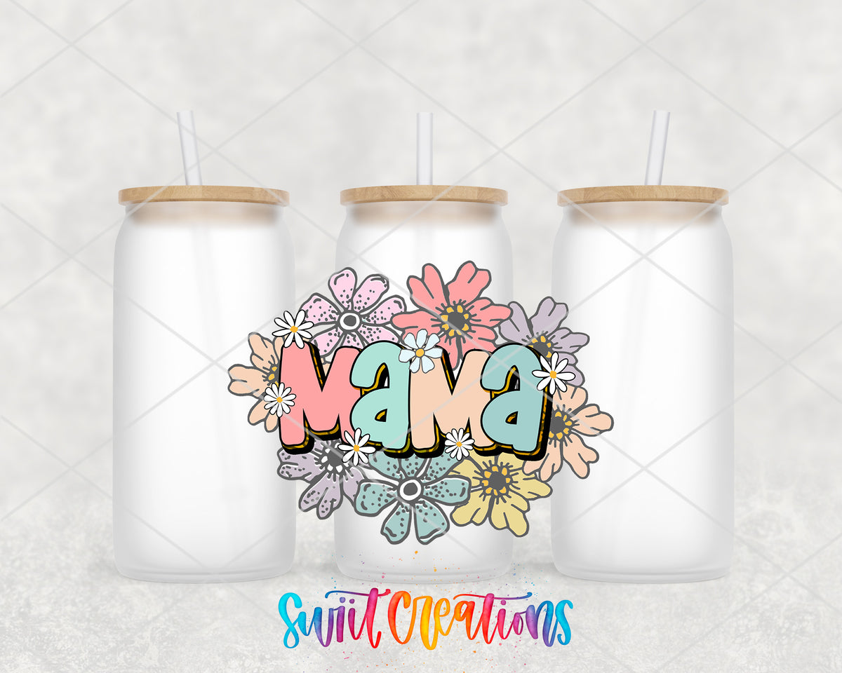 Pastel Floral Mama frosted glass tumbler group view with lids and straws