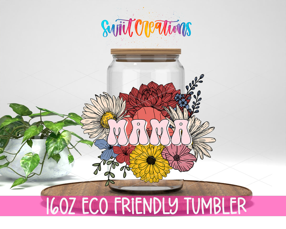 Mama Flower Bouquet design on a 16 oz clear glass tumbler with bamboo lid