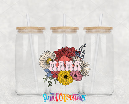 Mama Flower Bouquet clear glass tumbler group mockup with bamboo lids and straws