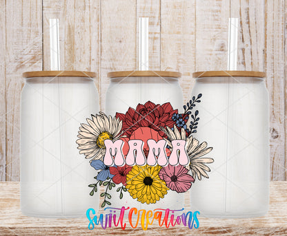 Mama Flower Bouquet frosted glass tumbler mockup with bamboo lids and straws