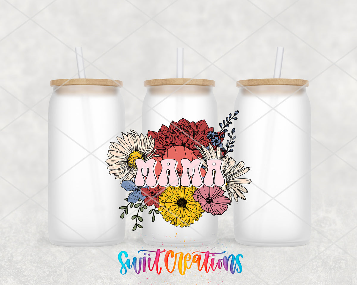 Mama Flower Bouquet frosted glass tumbler group view with lids and straws