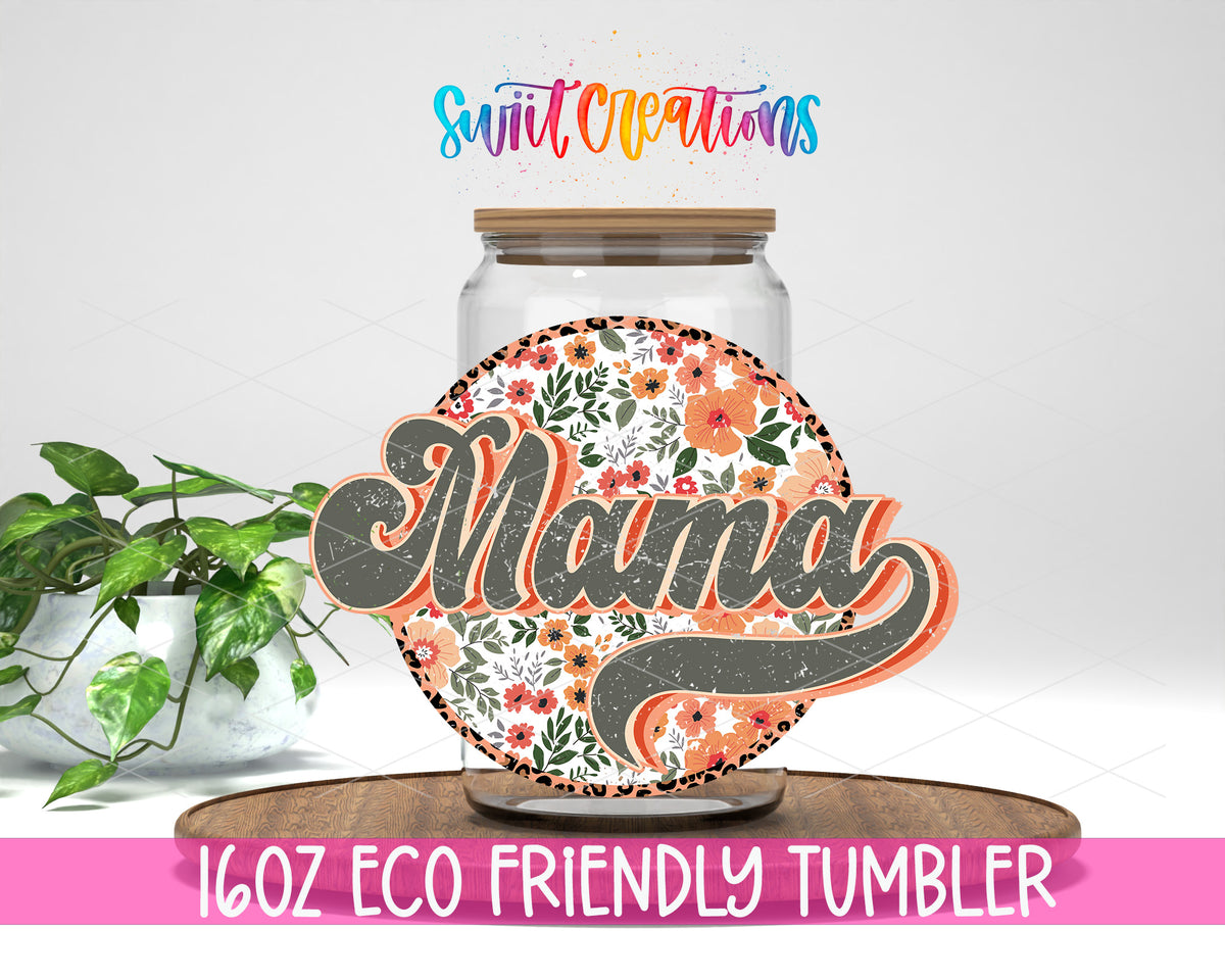 Vintage Floral Mama design on a 16 oz clear glass tumbler with bamboo lid
