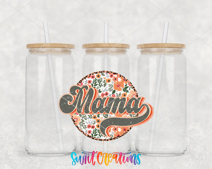Vintage Floral Mama clear glass tumbler group mockup with bamboo lids and straws
