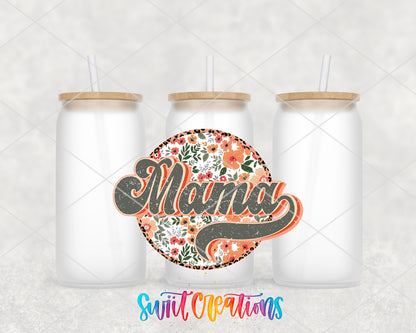 Vintage Floral Mama frosted glass tumbler group view with lids and straws