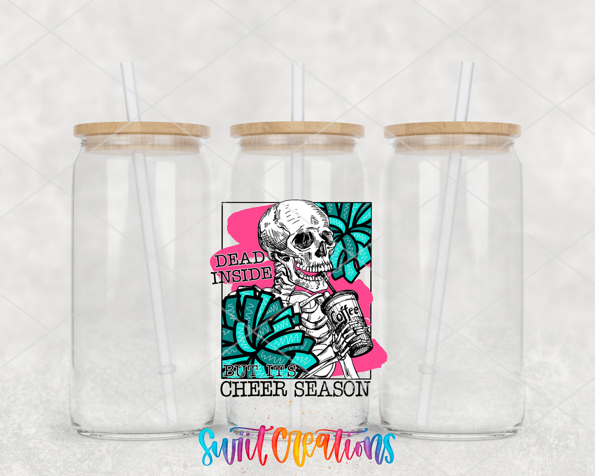 Dead Inside Cheer Season clear glass tumbler group mockup with bamboo lids and straws