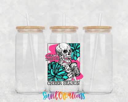 Dead Inside Cheer Season clear glass tumbler group mockup with bamboo lids and straws